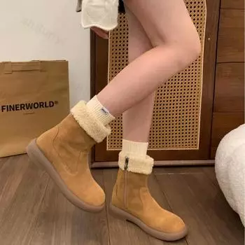 Женские зимние сапоги из овечьей шерсти 2025 года, новые теплые толстые флисовые ботинки на молнии с низким каблуком и круглым носком в британском стиле, ботильоны Botas De Mujer 35