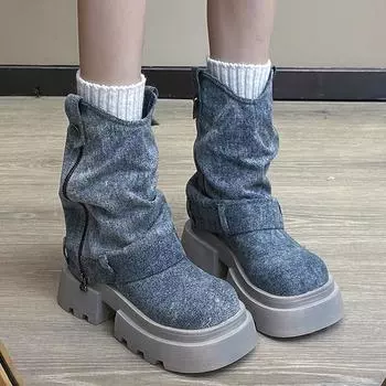 Женские зимние сапоги на ковбойской платформе, дизайнерские туфли на среднем каблуке, массивные мотоциклетные сапоги до середины голени, зимние трендовые готические женские сапоги Zapatos 35 чёрный