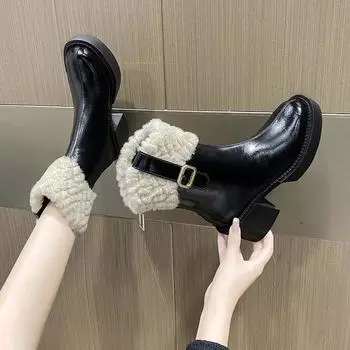Женские зимние сапоги на платформе, модные короткие плюшевые короткие ботинки, элегантные женские туфли на квадратном каблуке, зимняя теплая женская обувь 35 чёрный