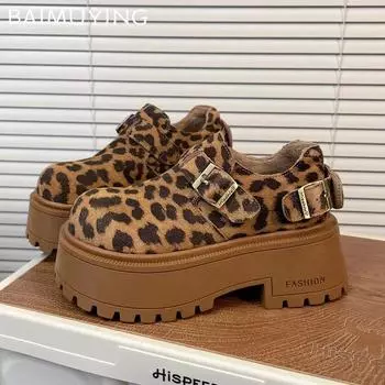 Женские зимние сапоги на платформе с леопардовым принтом, замшевые дизайнерские туфли на высоком каблуке, тренд 2025 года, короткие, плюшевые, теплые, с пряжкой, новинка зимы, женские ботинки 35 леопардовый