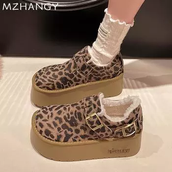 Женские зимние сапоги на платформе, замшевые туфли на плоской подошве, женская мода 2025 года, зимние новые теплые уютные короткие плюшевые сапоги с пряжкой Mujer 35 цветной печати леопарда