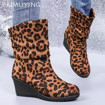 Женские зимние сапоги на танкетке с леопардовым принтом, замшевые туфли на среднем каблуке, дизайнерские ботинки челси 2024 года, тренд зимы, новинка, готические ботинки для женщин 35 имбирный