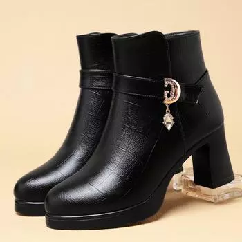 Женские зимние сапоги на высоком каблуке - водонепроницаемая кожа, толстая платформа, плюс бархатный модный дизайн Size 34