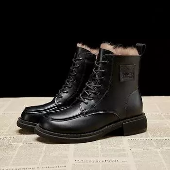Женские зимние сапоги плюс бархатные ботинки Martin британский стиль черные ботильоны открытый досуг теплые сапоги 35 чёрный