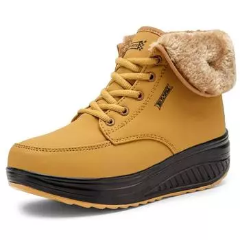 Женские зимние сапоги Plus Velvet Snow Boots Casual Suede на шнуровке из искусственной кожи, теплые, с покатым каблуком, хлопковые, большие, толстые, нескользящие 36 жёлтый