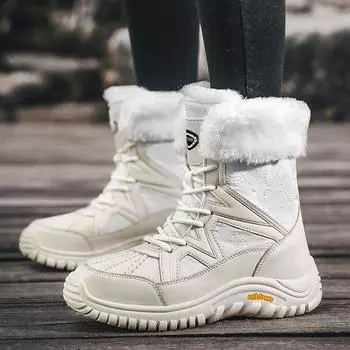 Женские зимние сапоги Plus Velvet Snow Boots Casual PU шнуровка теплая уличная обувь из хлопка Большие длинные высокие толстые нескользящие ботинки 36-42 36 белый/чёрный