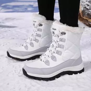 Женские зимние сапоги Plus Velvet Snow Boots Casual PU Canvas со шнуровкой Теплые уличные хлопковые туфли Большие высокие толстые нескользящие водонепроницаемые туфли 36-41 36 белый