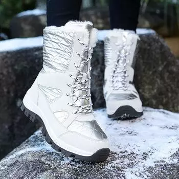 Женские зимние сапоги Plus Velvet Snow Boots Casual PU шнуровка теплая уличная обувь из хлопка Большие длинные высокие толстые нескользящие спортивные туфли 36-42 36 светло-серый
