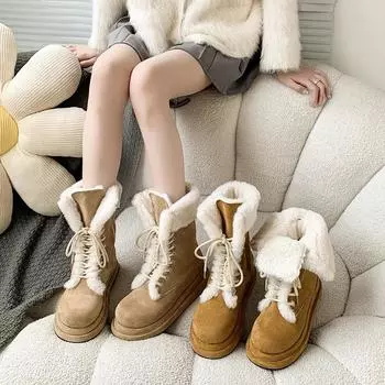 Женские зимние сапоги Retro Furry Snow Boots 2024 года, новые зимние сапоги с толстой подошвой и флисом, теплые, длиной до середины голени, с ремешком 35 хаки