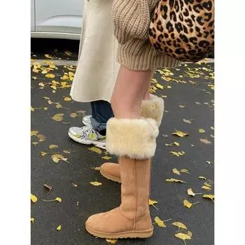 Женские зимние сапоги с меховой подкладкой, удобные, пушистые, широкие, до колена, сапоги из искусственной замши на пуговицах для женщин, нескользящие, теплые, высокие сапоги с меховой подкладкой 35 хаки