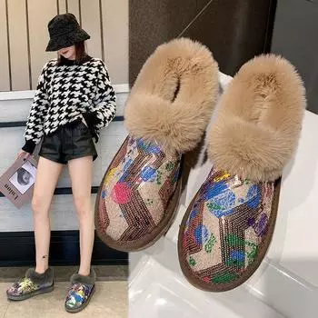 Женские зимние сапоги с пайетками, теплая зимняя обувь на меху, женские ботильоны, женские ботильоны без застежек, женские туфли на плоской подошве с круглым носком, хлопковая обувь 35 светло-серый