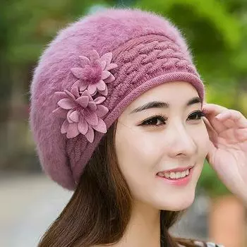 Женские зимние шапки из хлопка, мешковатая теплая мягкая вязаная крючком женская шапка, элегантная модная цветочная шапка белый