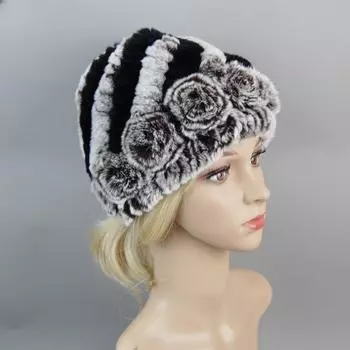 Женские зимние шапки из натурального меха с цветочным принтом из натурального кролика Рекс, пушистые, теплые, модные, русские, вязаные, теплые головные уборы для улицы, шапки из натурального меха