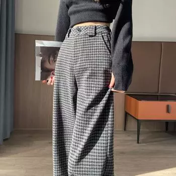 Женские зимние шерстяные прямые брюки-сапоги, свободные и утягивающие, с клетчатыми трендовыми элементами XS серый