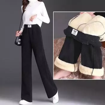 Женские зимние широкие брюки с флисовой подкладкой, повседневные утепленные мешковатые спортивные штаны, женские прямые брюки с высокой талией из корейского овечьего пуха M коричневый