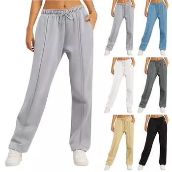 Женские зимние спортивные штаны, однотонные повседневные брюки, женские флисовые спортивные штаны, широкие прямые брюки L чёрный