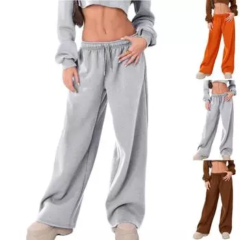 Женские зимние спортивные штаны, однотонные повседневные брюки, женские флисовые спортивные штаны, широкие прямые брюки S коричневый