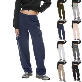 Женские зимние спортивные штаны, однотонные повседневные брюки, женские флисовые спортивные штаны, широкие прямые брюки M чёрный