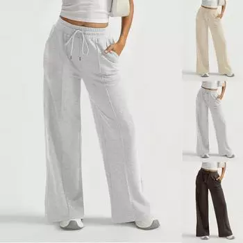 Женские зимние спортивные штаны, однотонные повседневные брюки, женские флисовые спортивные штаны, широкие прямые брюки S бежевый