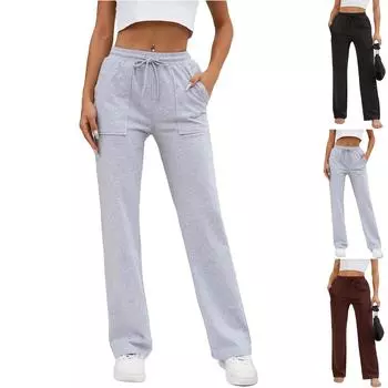 Женские зимние спортивные штаны, однотонные повседневные брюки, женские флисовые спортивные штаны, широкие прямые брюки S чёрный