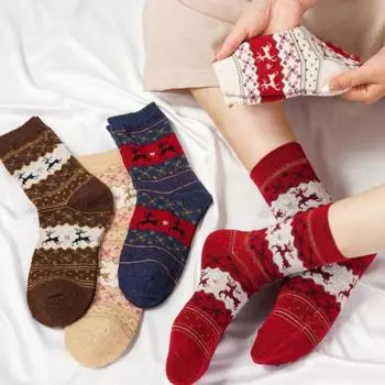 Женские зимние супер толстые шерстяные носки с принтом лося на Рождество теплые носки средней длины One size красный