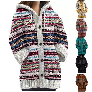 Женские зимние свитера, пальто на пуговицах с капюшоном, трикотажные толстовки с капюшоном, свободные теплые куртки с длинным рукавом, верхняя одежда L чёрный