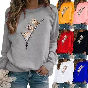 Женские зимние свободные толстовки с длинными рукавами и круглым вырезом, черные кошки с принтом, топы и блузки, футболки больших размеров XS белый