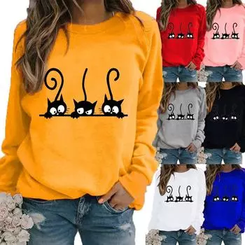 Женские зимние свободные толстовки с длинными рукавами и круглым вырезом, черные кошки с принтом, топы и блузки, футболки больших размеров XS синий