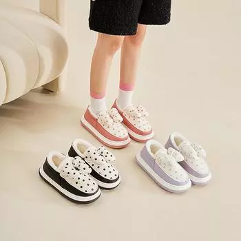 Женские зимние тапочки на меховой подкладке. Ультралегкая противоскользящая толстая домашняя обувь для женщин. Теплая водонепроницаемая домашняя обувь из искусственной кожи с галстуком-бабочкой.