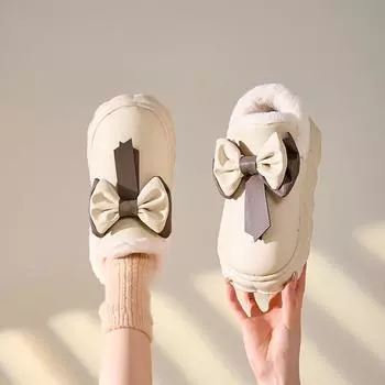 Женские зимние тапочки на меховой подкладке. Ультралегкая противоскользящая толстая домашняя обувь для женщин. Теплая водонепроницаемая домашняя обувь из искусственной кожи с галстуком-бабочкой.