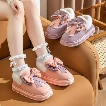 Женские зимние тапочки на меховой подкладке. Ультралегкая противоскользящая толстая домашняя обувь для женщин. Теплая водонепроницаемая домашняя обувь из искусственной кожи с галстуком-бабочкой. 36-37