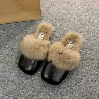 Женские зимние тапочки, роскошные повседневные теплые домашние тапочки для женщин 2024 года, удобные мягкие пушистые уличные тапочки 35 чёрный