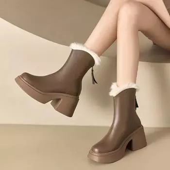 Женские зимние теплые ботильоны из натуральной кожи на платформе, женские кроссовки, повседневная обувь на толстой подошве для мотоциклистов, женские зимние плюшевые ботинки на платформе 34 чёрный