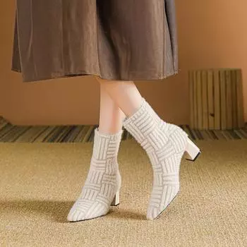 Женские зимние теплые ботильоны-носки с острым носком на низком толстом блочном каблуке, эластичные ботинки без застежек, женские удобные вязаные ботинки «Челси» 34