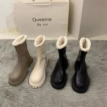 Женские зимние теплые ботинки для снега на толстом каблуке и платформе с подкладкой из искусственного меха, женские ботильоны до щиколотки, нескользящие короткие ботинки «Челси» с флисовой подкладкой и застежкой-молнией 35 белый