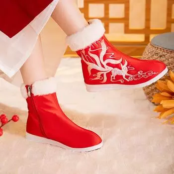 Женские зимние теплые ботинки для снега, нескользящие, с подкладкой из искусственного меха, вышитые, ботильоны, обувь для женщин, удобные, пушистые, короткие ботинки для ходьбы с боковой молнией 34 красный