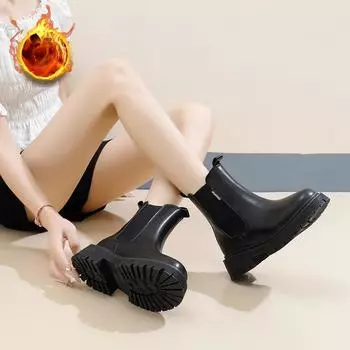 Женские зимние теплые ботинки для снега с толстой подошвой и подкладкой из искусственного меха, ботинки челси по щиколотку, женская обувь на нескользящей платформе, короткие армейские ботинки для ходьбы 35 чёрный