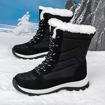Женские зимние теплые ботинки для снега, удобные, с подкладкой из искусственного меха, водонепроницаемые, до середины голени, нескользящие, для активного отдыха, ботинки на шнуровке для походов и походов для женщин 36 чёрный