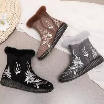 Женские зимние теплые ботинки на платформе для снега, ботильоны с подкладкой из искусственного меха, с застежкой-молнией, с вышитой флисовой подкладкой, короткие ботинки для ходьбы для женщин 35 чёрный