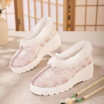 Женские зимние теплые ботинки на платформе, короткие ботильоны на толстом каблуке, с подкладкой из искусственного меха, пушистые вышитые нескользящие мокасины, женская прогулочная обувь 35