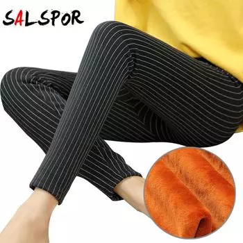 Женские зимние теплые брюки, бархатные леггинсы, эластичные брюки с высокой талией в полоску с принтом, утолщенные узкие женские брюки