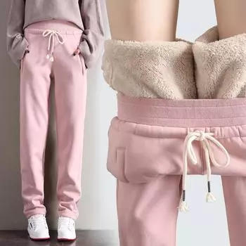 Женские зимние теплые брюки, корейские кашемировые брюки, повседневные бархатные широкие брюки, свободные флисовые спортивные штаны для женщин S чёрный