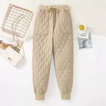 Женские зимние теплые хлопковые брюки с высокой талией, стеганые, с узором в ромбовидную клетку, ветрозащитные, спортивные брюки XXXXL чёрный