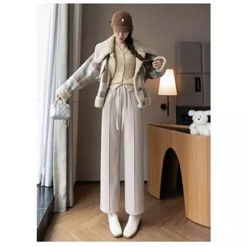 Женские зимние теплые и утолщенные свободные брюки широкого кроя с декоративным поясом на талии, утягивающие брюки, удлиняющие ноги M хаки