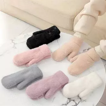Женские зимние теплые кашемировые однотонные искусственные меховые норки эластичные мягкие варежки с полными пальцами милые перчатки для девочек белый