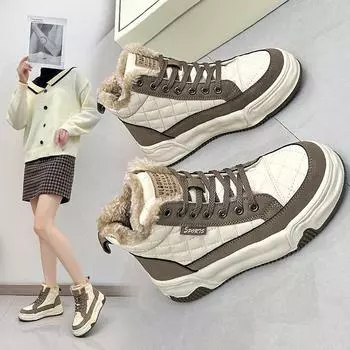 Женские зимние теплые короткие ботинки на флисовой подкладке, нескользящие ботильоны из искусственной кожи, уличные повседневные плюшевые зимние сапоги на меховой подкладке с толстой подошвой для женщин 35 чёрный