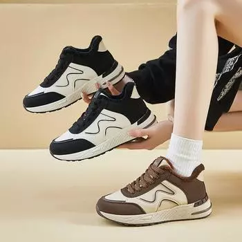 Женские зимние теплые кроссовки для бега на толстой платформе с меховой подкладкой, повседневные кроссовки для тенниса с нескользящей флисовой подкладкой и шнуровкой для тренировок и тренировок для женщин 35 бежевый