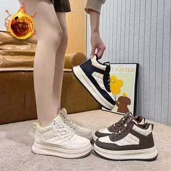 Женские зимние теплые кроссовки на платформе, повседневные нескользящие прогулочные туфли на шнуровке с подкладкой из искусственного меха, теннисные туфли, удобные высокие кроссовки для женщин 35 чёрный