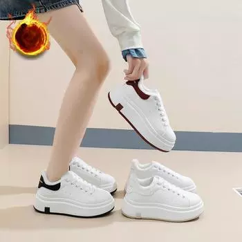 Женские зимние теплые кроссовки на толстой платформе с подкладкой из искусственного меха, прогулочные туфли, повседневные удобные нескользящие теннисные кроссовки на шнуровке с флисовой подкладкой для женщин 35 белый