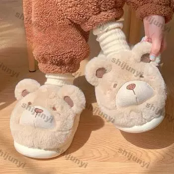 Женские зимние теплые меховые тапочки на плоской подошве, женские милые пушистые домашние тапочки с медвежонком, женские удобные нескользящие тапочки из хлопка для дома 36-37 бежевый